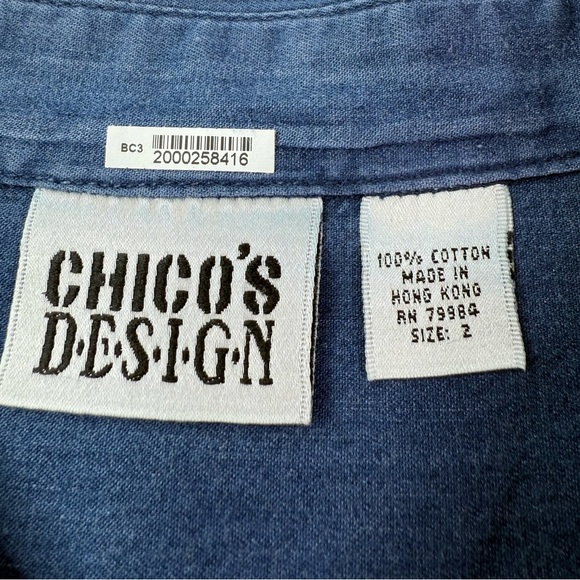Chico's Design Indigo Cotton Long Sleeve Button Front Tunic Shirt Size Large - Picture 3 of 7